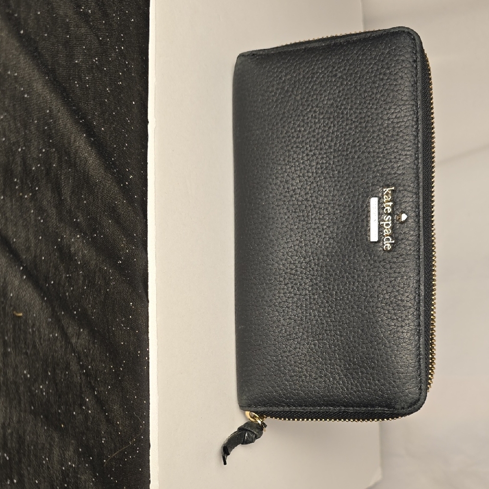 kate spade Black Pebbled Leather Zip-Around Wallet with Gold Hardware